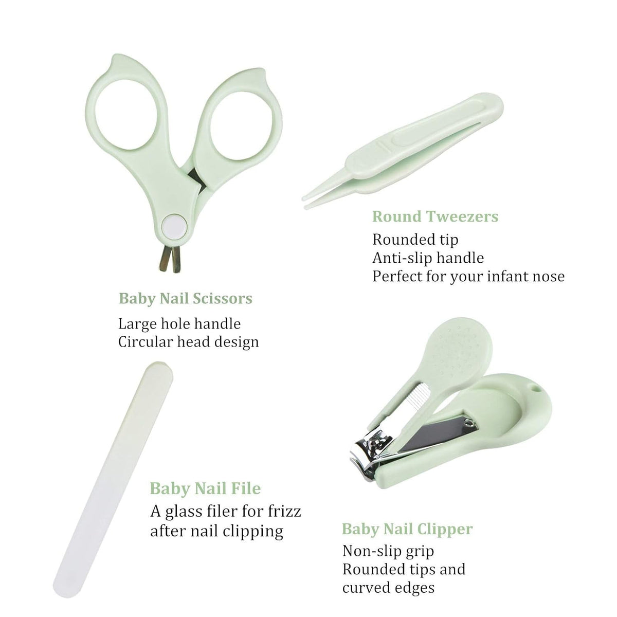 Baby Nail Care Kit, 4 Pieces with Clipper, Scissors, File and Round-Tip Tweezers in a Green Owl Case - Image 6