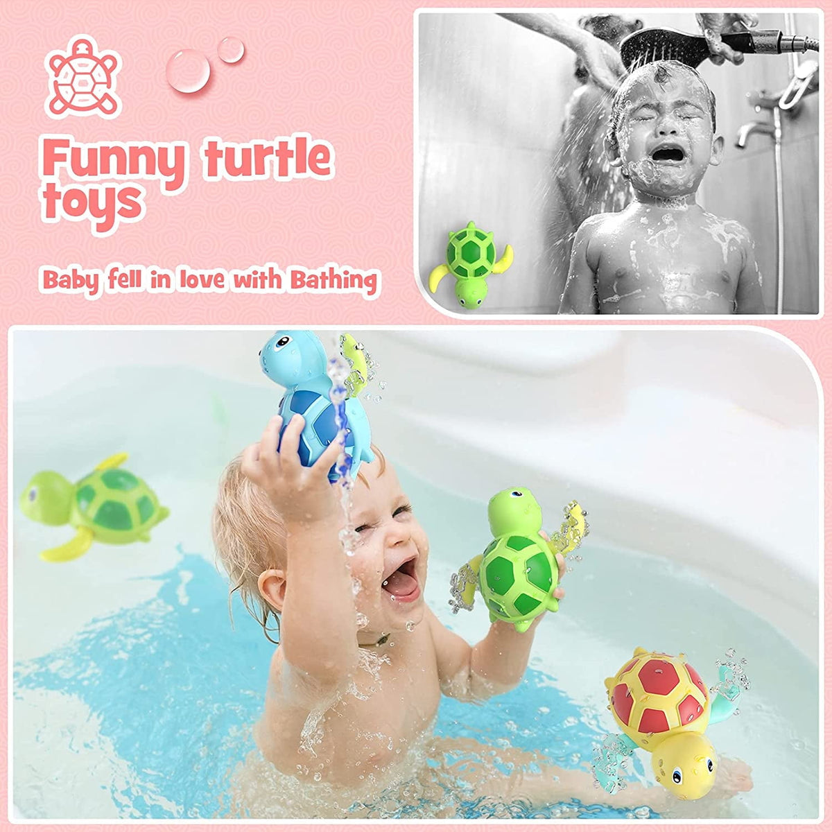 Wind-Up Swimming Turtle Bath Toys, Set of 3 Floating Tub Toys in Sky Blue, Yellow-Orange and Green - Image 4