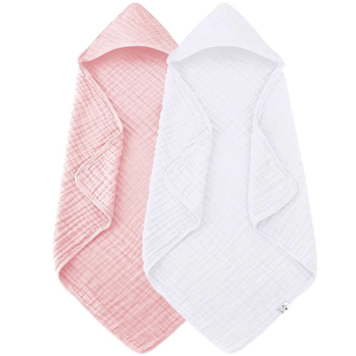 Hooded Muslin Bath Towels, 2-Pack Soft Cotton Baby Towels in White and Pink, 31 x 31 Inches