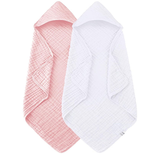 Hooded Muslin Bath Towels, 2-Pack Soft Cotton Baby Towels in White and Pink, 31 x 31 Inches