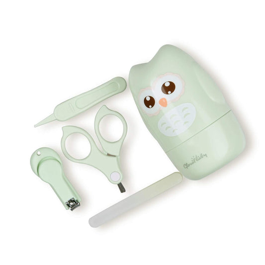 Baby Nail Care Kit, 4 Pieces with Clipper, Scissors, File and Round-Tip Tweezers in a Green Owl Case