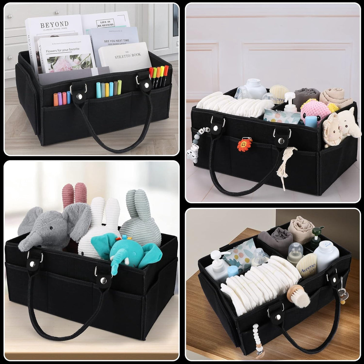 Diaper Caddy Organizer with Movable Divider, Large Portable Nursery Storage Basket in Black, 13 x 9 x 7 in - Image 5