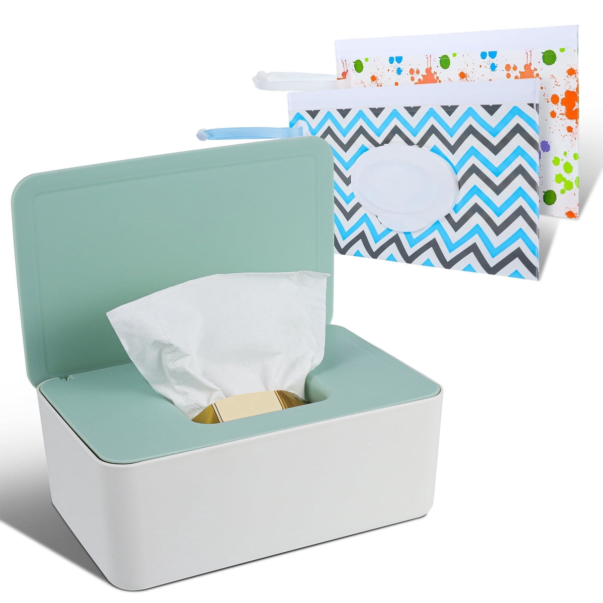 Refillable Wipes Dispenser Box with 2 Travel Wipe Pouches, Sealed Lid Wet Wipe Holder in Green
