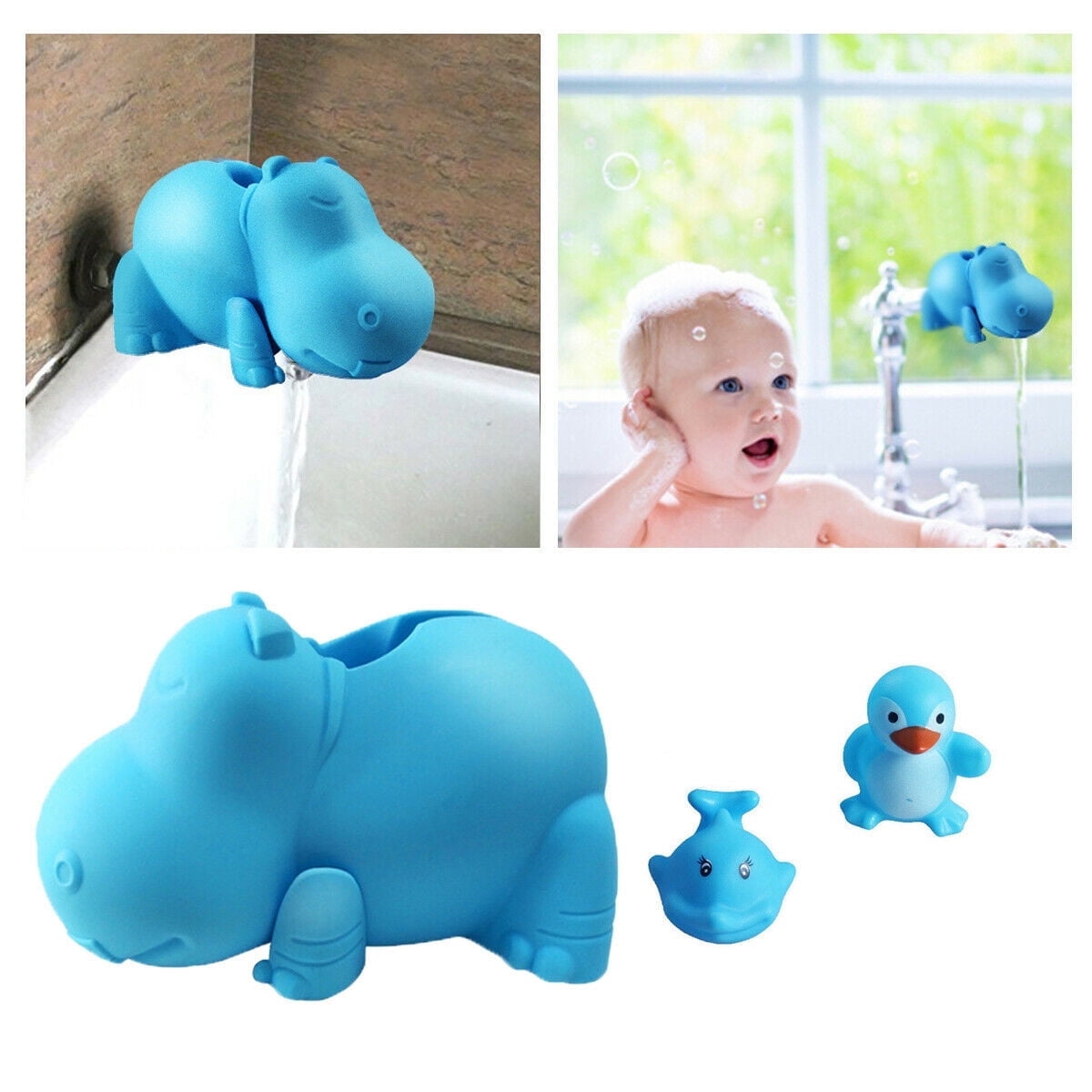 Blue Hippo Bath Spout Cover, Soft Silicone Faucet Guard with Adjustable Strap, Plus 2 Small Bath Toys - Image 2