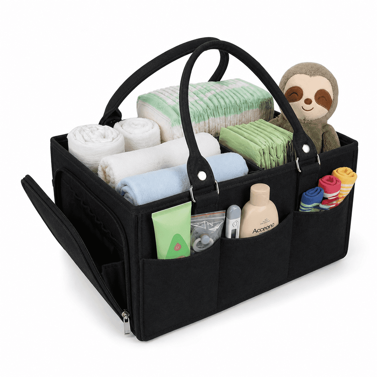 Diaper Caddy Organizer with Movable Divider, Large Portable Nursery Storage Basket in Black, 13 x 9 x 7 in