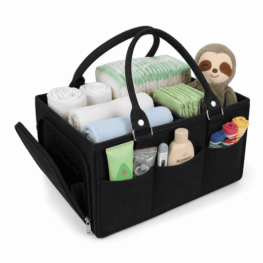 Diaper Caddy Organizer with Movable Divider, Large Portable Nursery Storage Basket in Black, 13 x 9 x 7 in