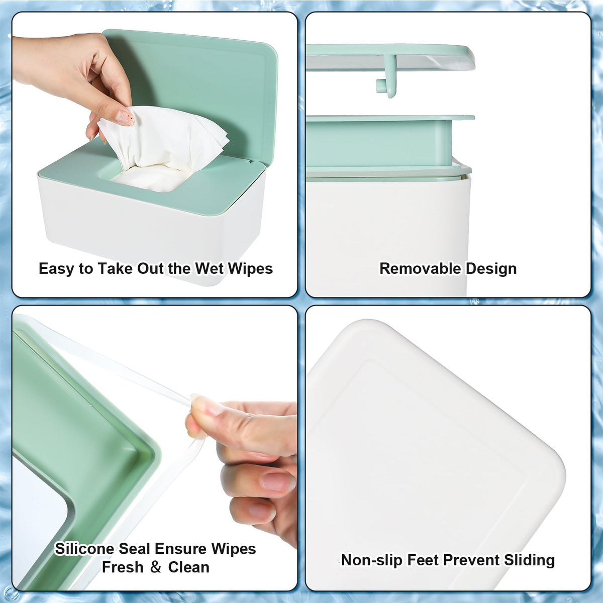 Refillable Wipes Dispenser Box with 2 Travel Wipe Pouches, Sealed Lid Wet Wipe Holder in Green - Image 6