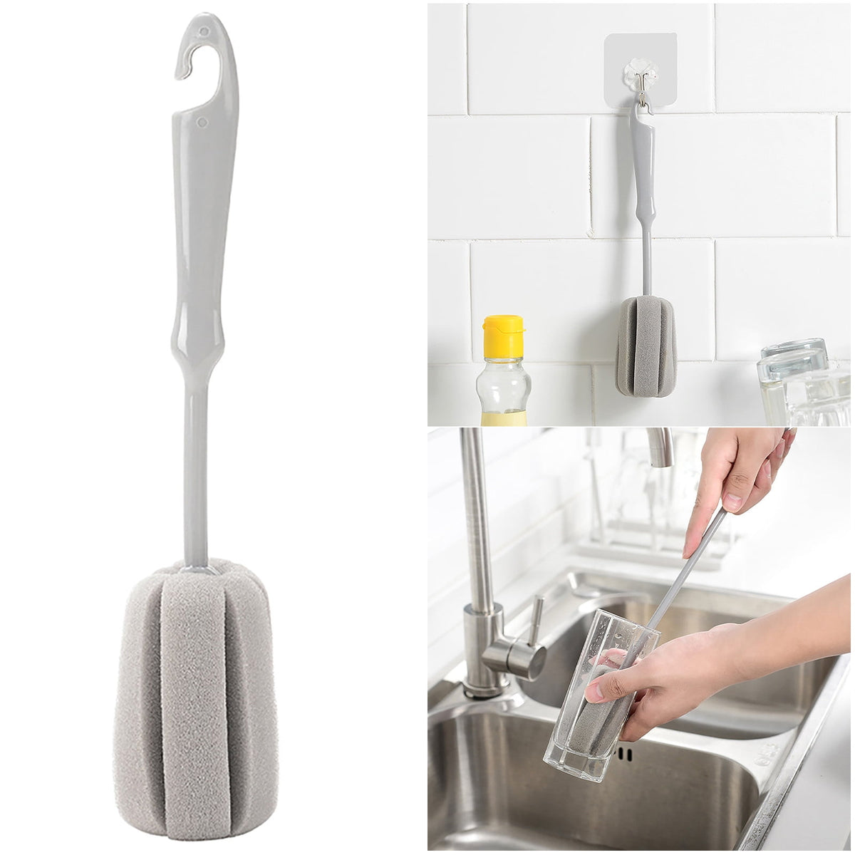 Long-Handle Sponge Bottle Brush with 360° Rotating Head, Gray - Image 2