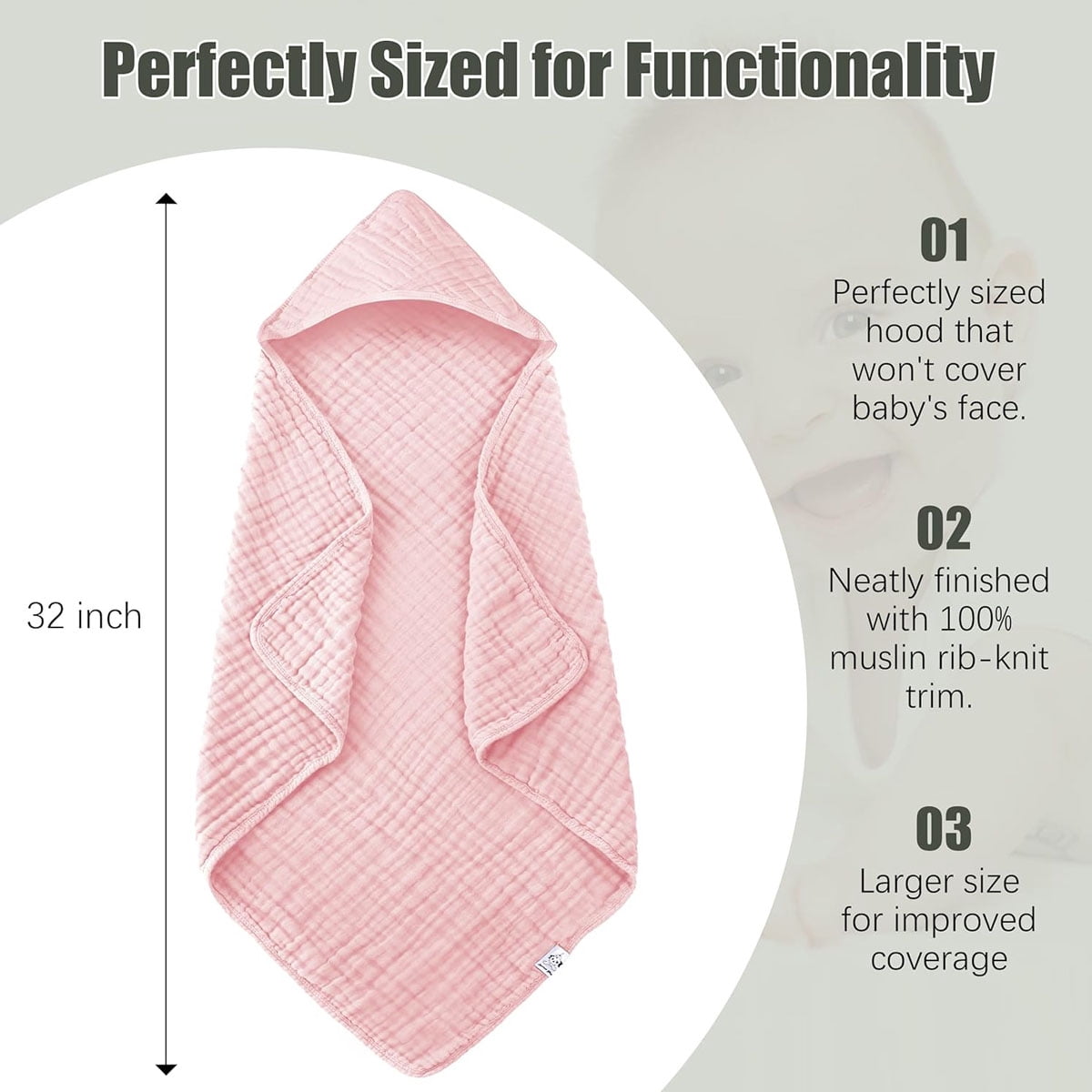 Hooded Muslin Bath Towels, 2-Pack Soft Cotton Baby Towels in White and Pink, 31 x 31 Inches - Image 5