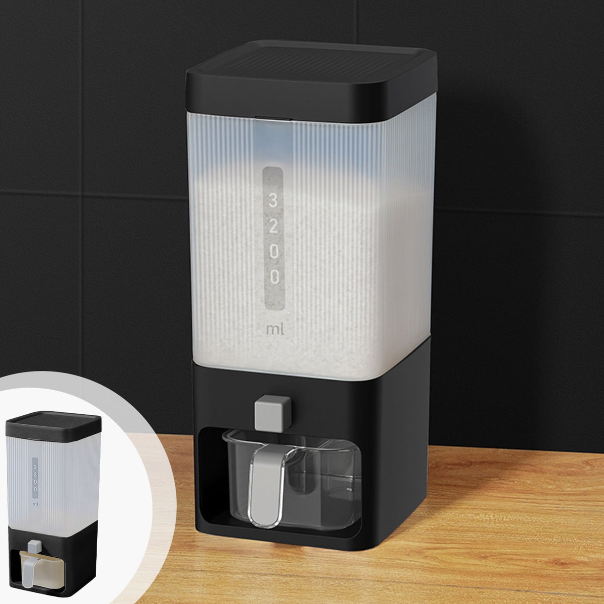 Push-Button Grain Dispenser with Measuring Cylinder, Countertop Container for Rice, Beans and Cereal - Image 2