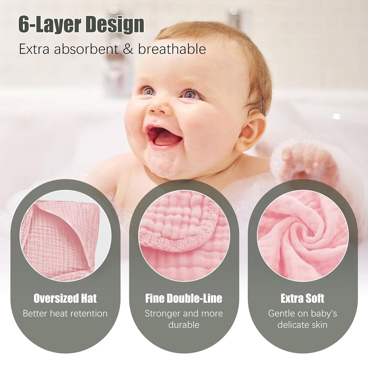 Hooded Muslin Bath Towels, 2-Pack Soft Cotton Baby Towels in White and Pink, 31 x 31 Inches - Image 3