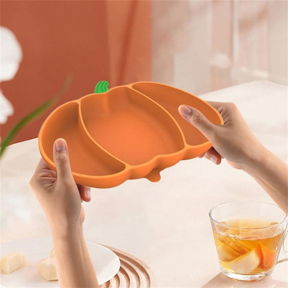 Pumpkin-Shaped Silicone Divided Plate with Suction Base for Toddlers and Kids, Orange - Image 3