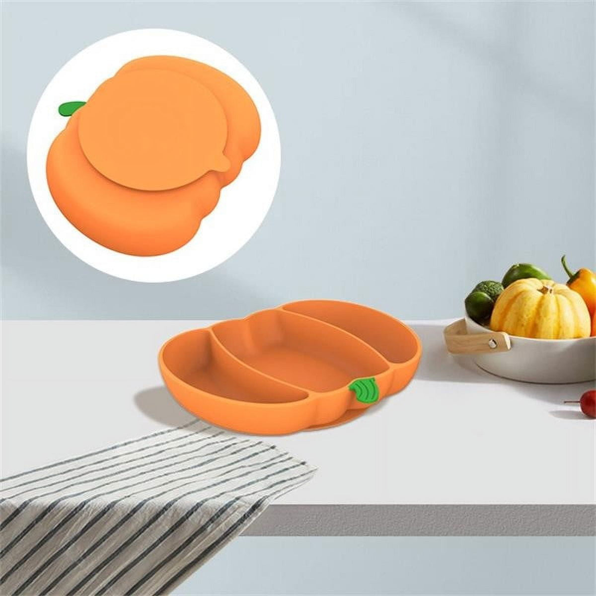 Pumpkin-Shaped Silicone Divided Plate with Suction Base for Toddlers and Kids, Orange - Image 2