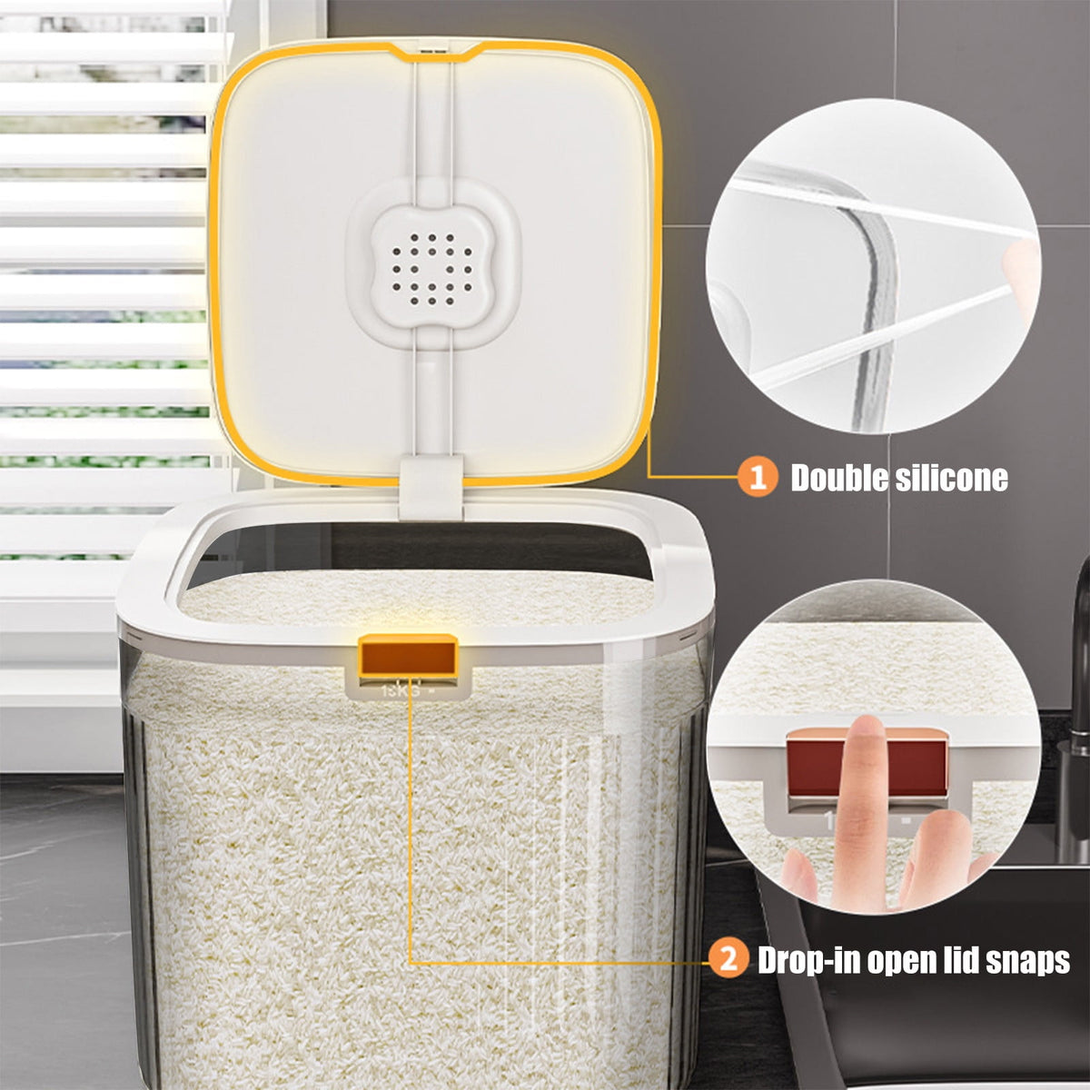 Airtight Grain Dispenser with Flip Lid and Measuring Cup, 10 L Gray Container for Rice, Cereal and Flour - Image 6