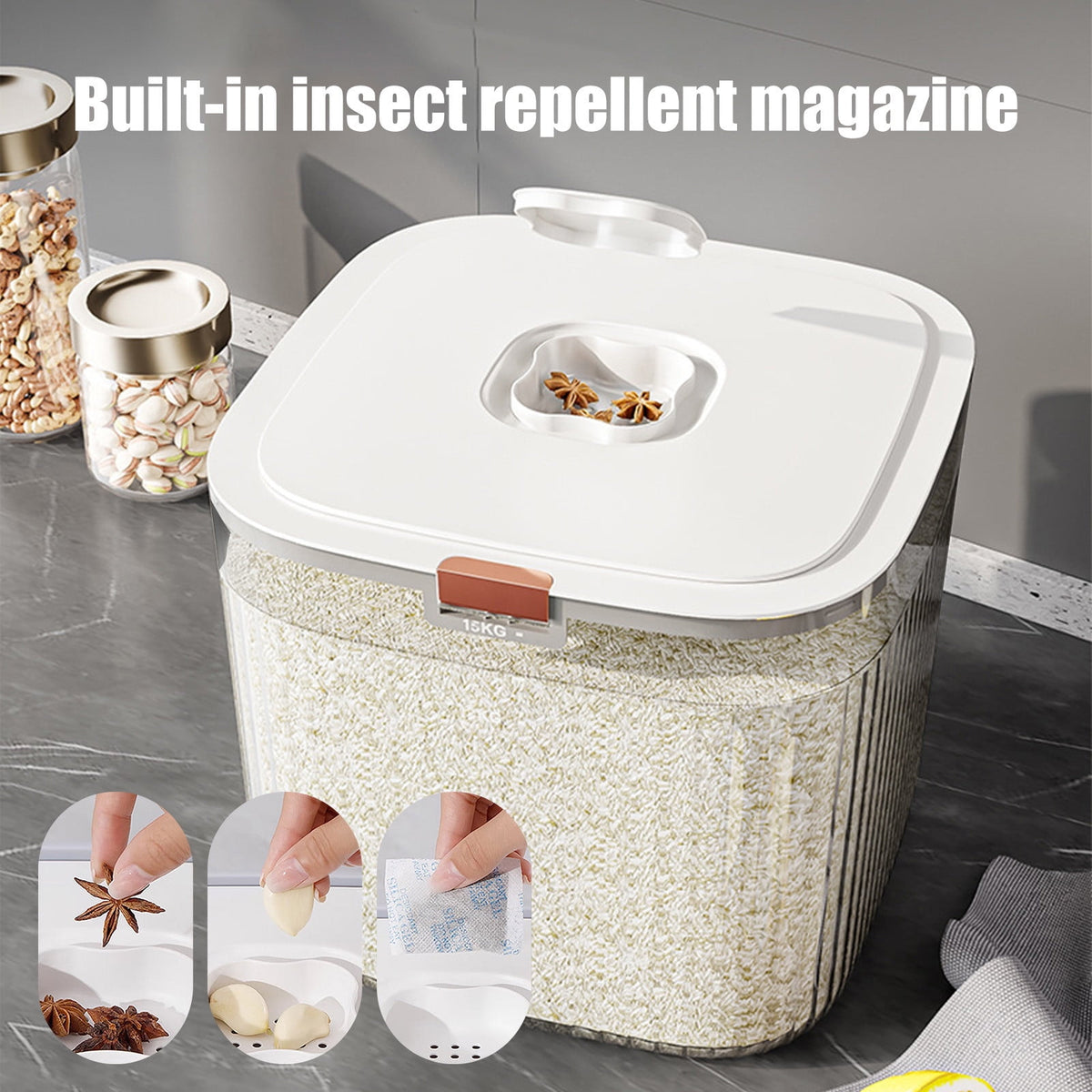 Airtight Grain Dispenser with Flip Lid and Measuring Cup, 10 L Gray Container for Rice, Cereal and Flour - Image 4
