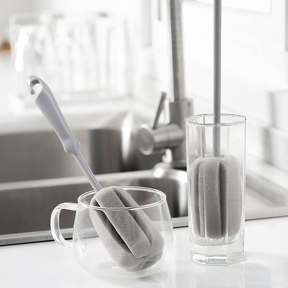 Long-Handle Sponge Bottle Brush with 360° Rotating Head, Gray - Image 6