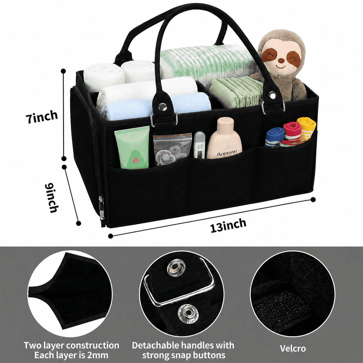 Diaper Caddy Organizer with Movable Divider, Large Portable Nursery Storage Basket in Black, 13 x 9 x 7 in - Image 4