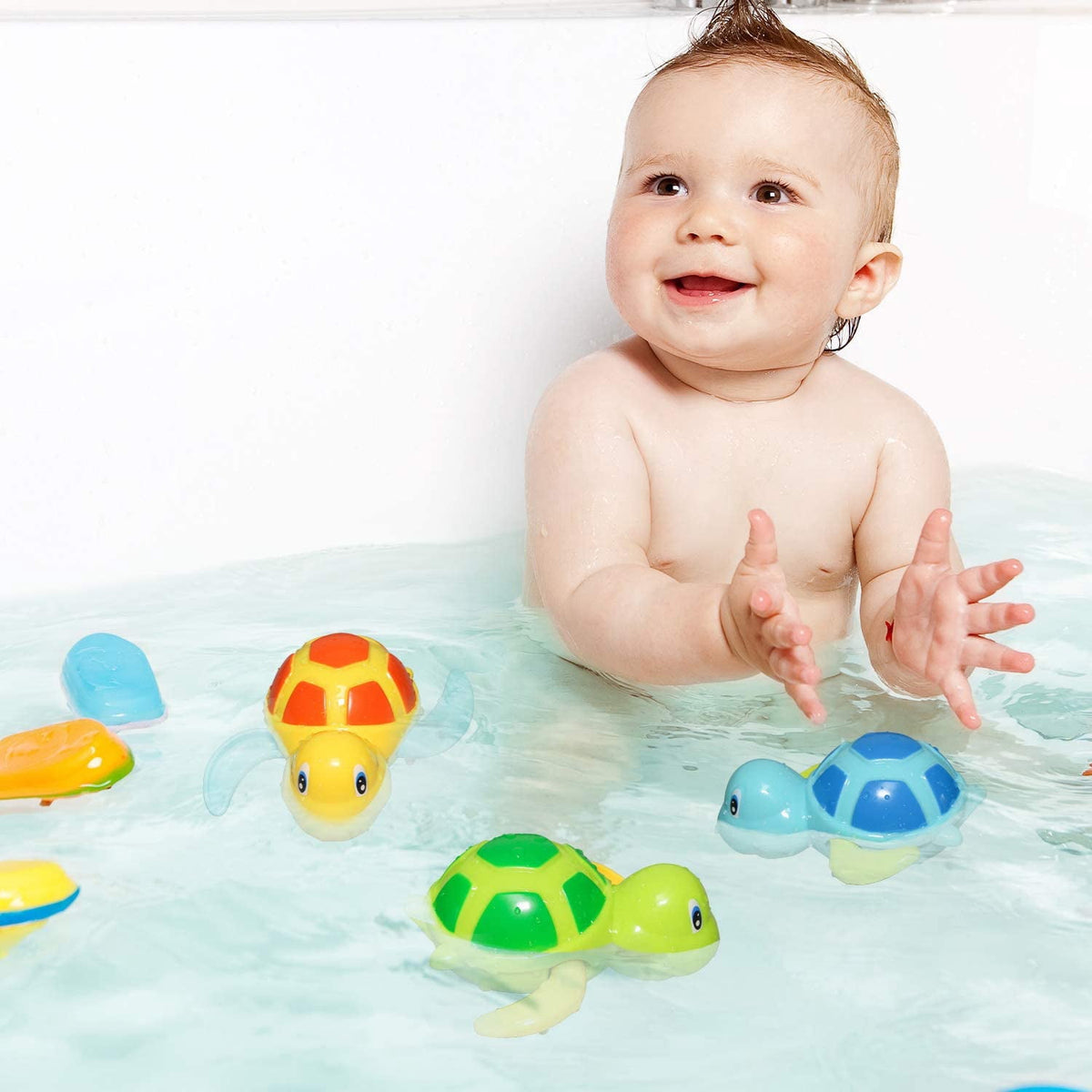 Wind-Up Swimming Turtle Bath Toys, Set of 3 Floating Tub Toys in Sky Blue, Yellow-Orange and Green - Image 3