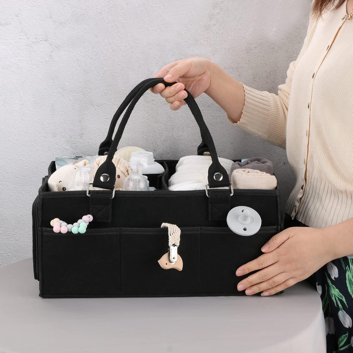 Diaper Caddy Organizer with Movable Divider, Large Portable Nursery Storage Basket in Black, 13 x 9 x 7 in - Image 2