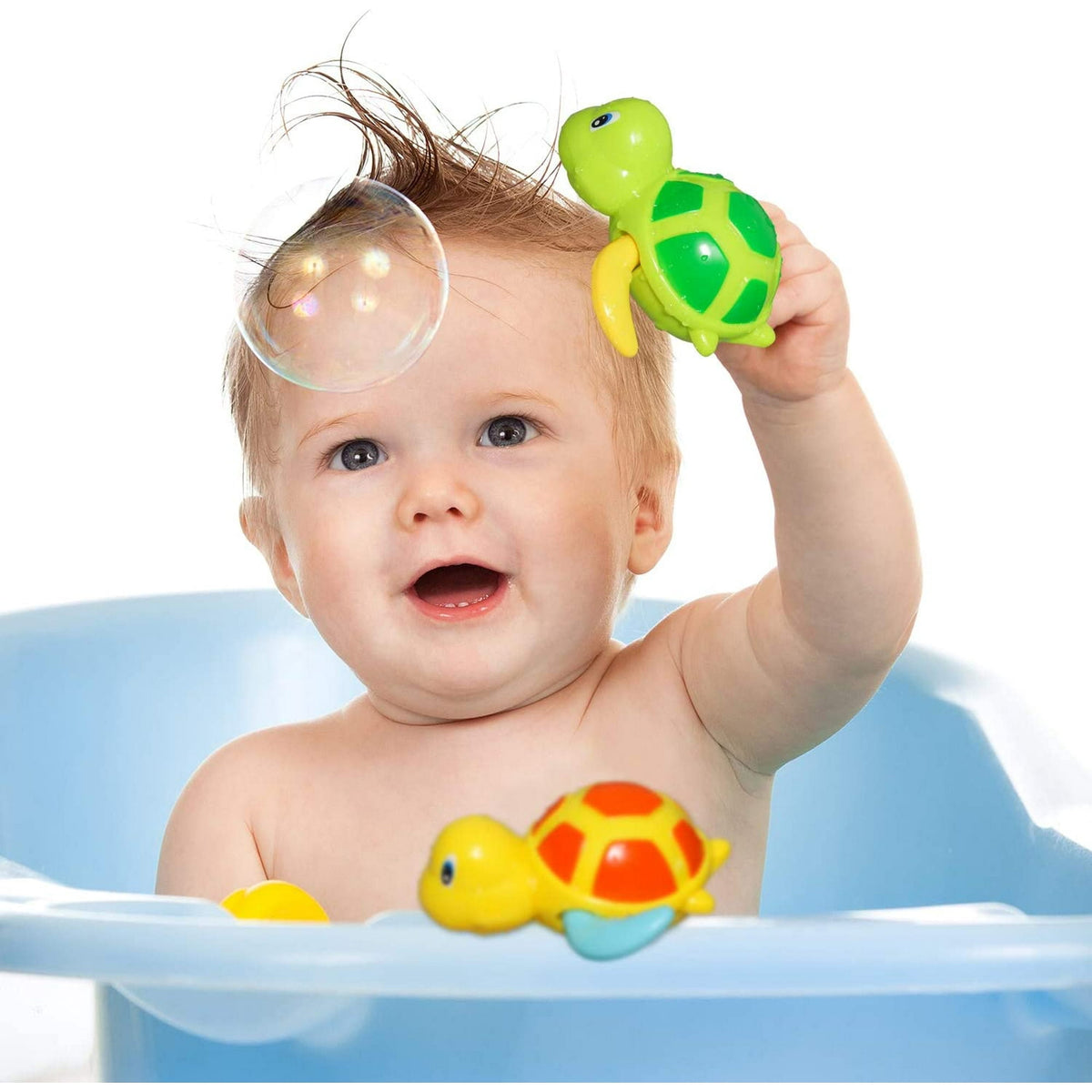 Wind-Up Swimming Turtle Bath Toys, Set of 3 Floating Tub Toys in Sky Blue, Yellow-Orange and Green - Image 6