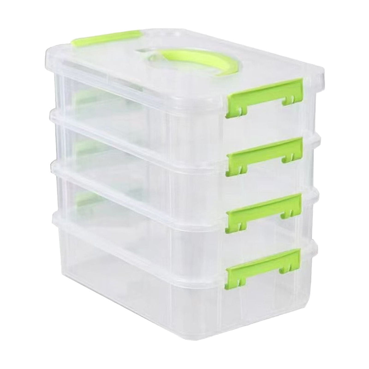 Four-Tier Stackable Carry Box with Handle, Green Plastic Organizer for Art, Sewing and Stationery