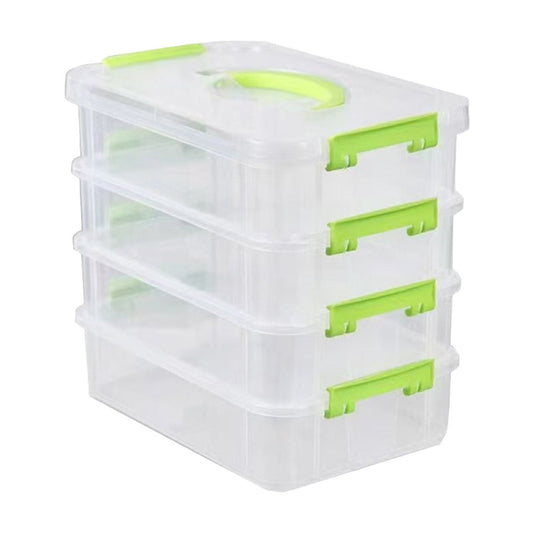 Four-Tier Stackable Carry Box with Handle, Green Plastic Organizer for Art, Sewing and Stationery