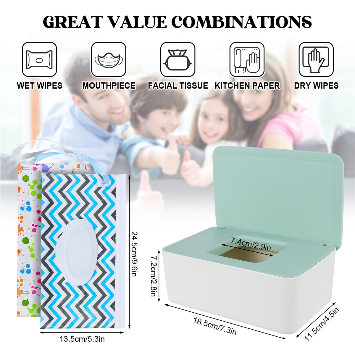 Refillable Wipes Dispenser Box with 2 Travel Wipe Pouches, Sealed Lid Wet Wipe Holder in Green - Image 5