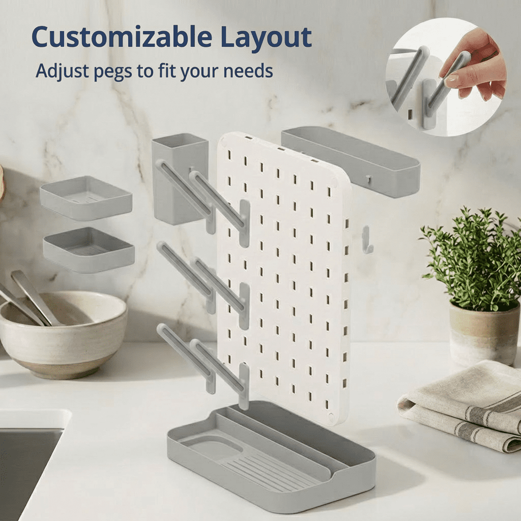 Vertical Baby Bottle Drying Rack with Removable Pegs and Bins, Space-Saving Countertop Organizer, Gray - Image 4