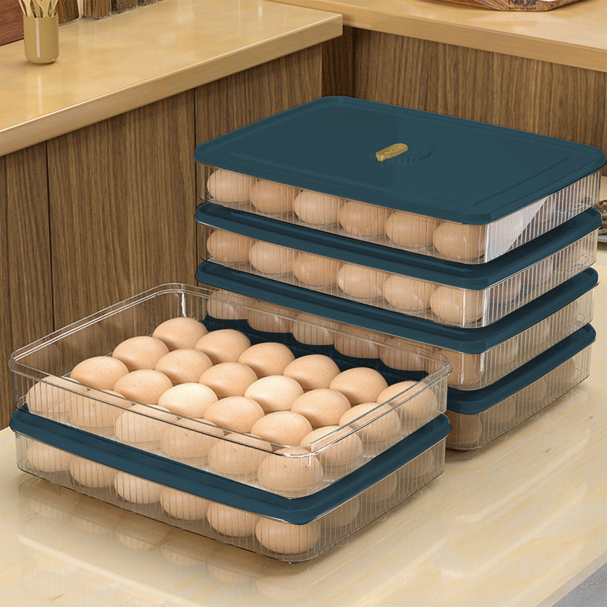 Egg Holder with Lid for 24 Eggs, Stackable Clear Refrigerator Egg Tray in Blue - Image 2