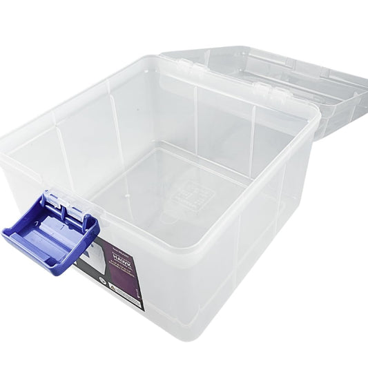 Clear Plastic Storage Box with Blue Carry Handle and Latch, 8.25 x 8.25 x 6 Inches, Lightweight