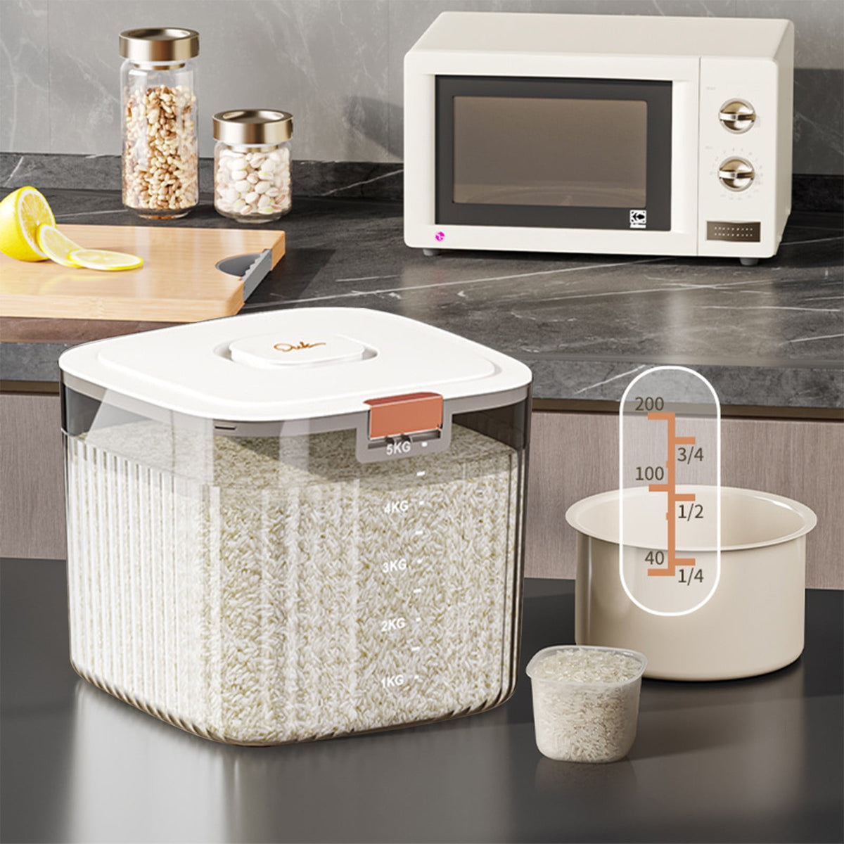 Airtight Grain Dispenser with Flip Lid and Measuring Cup, 10 L Gray Container for Rice, Cereal and Flour - Image 2