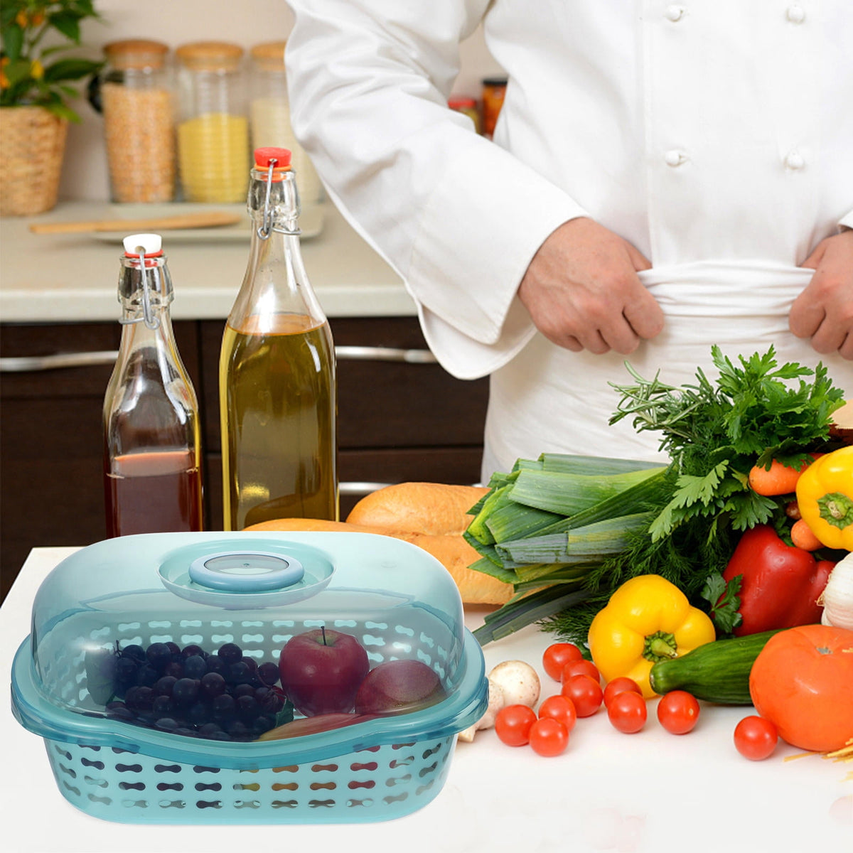 Double-Layer Drain Basket with Translucent Lid and Handle, Storage Bin for Bottles, Dishes and Produce - Image 2