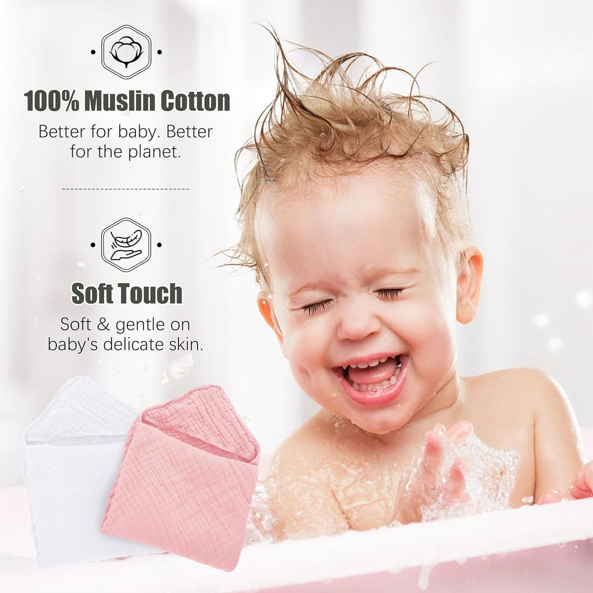 Hooded Muslin Bath Towels, 2-Pack Soft Cotton Baby Towels in White and Pink, 31 x 31 Inches - Image 4
