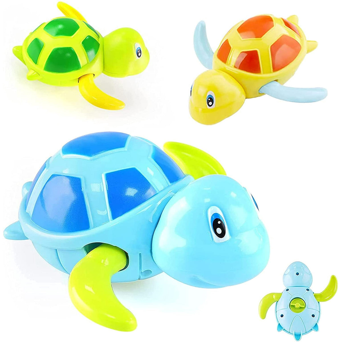 Wind-Up Swimming Turtle Bath Toys, Set of 3 Floating Tub Toys in Sky Blue, Yellow-Orange and Green