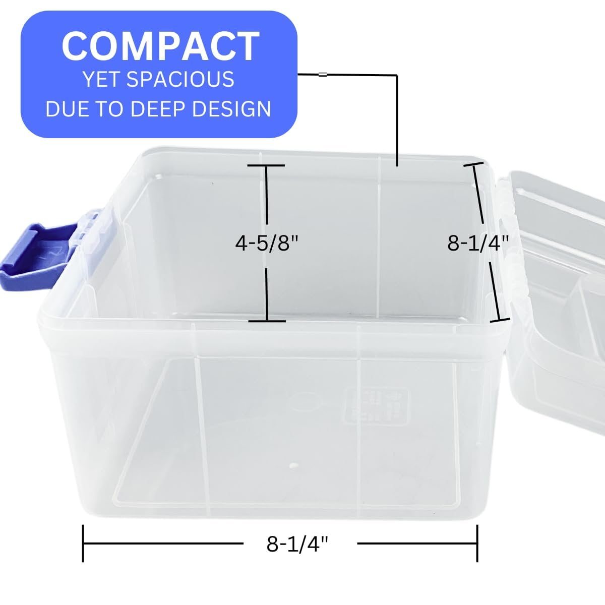 Clear Plastic Storage Box with Blue Carry Handle and Latch, 8.25 x 8.25 x 6 Inches, Lightweight - Image 3