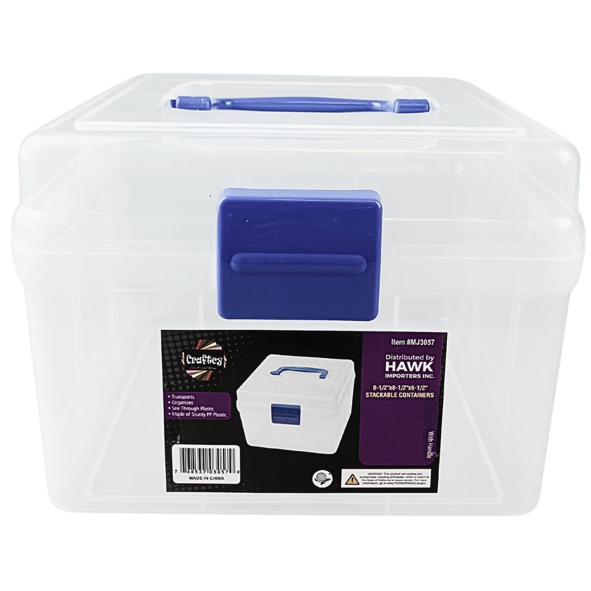 Clear Plastic Storage Box with Blue Carry Handle and Latch, 8.25 x 8.25 x 6 Inches, Lightweight - Image 4