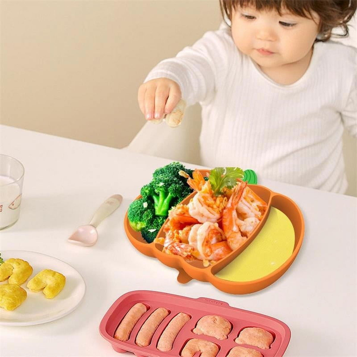 Pumpkin-Shaped Silicone Divided Plate with Suction Base for Toddlers and Kids, Orange - Image 6