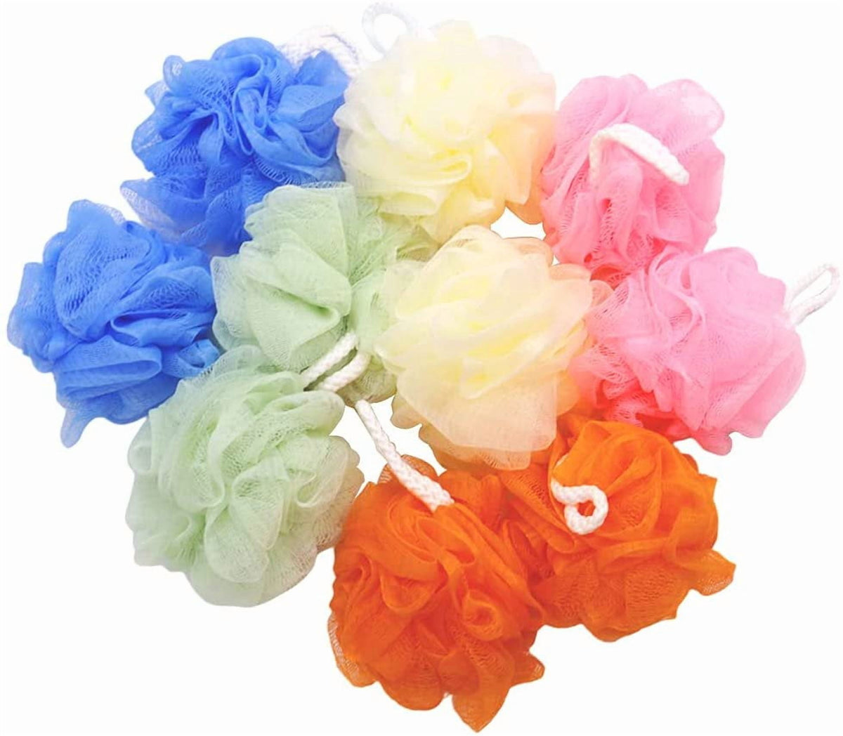 Small Mesh Bath Sponges for Kids, 10-Pack Colorful Shower Poufs with Cotton Hanging Rope