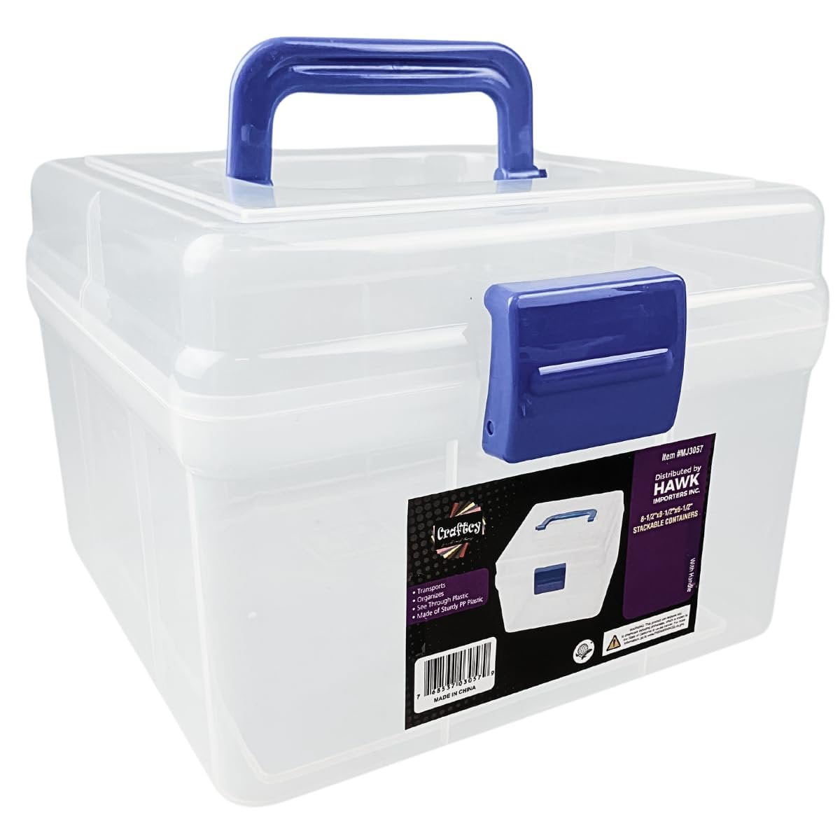 Clear Plastic Storage Box with Blue Carry Handle and Latch, 8.25 x 8.25 x 6 Inches, Lightweight - Image 2
