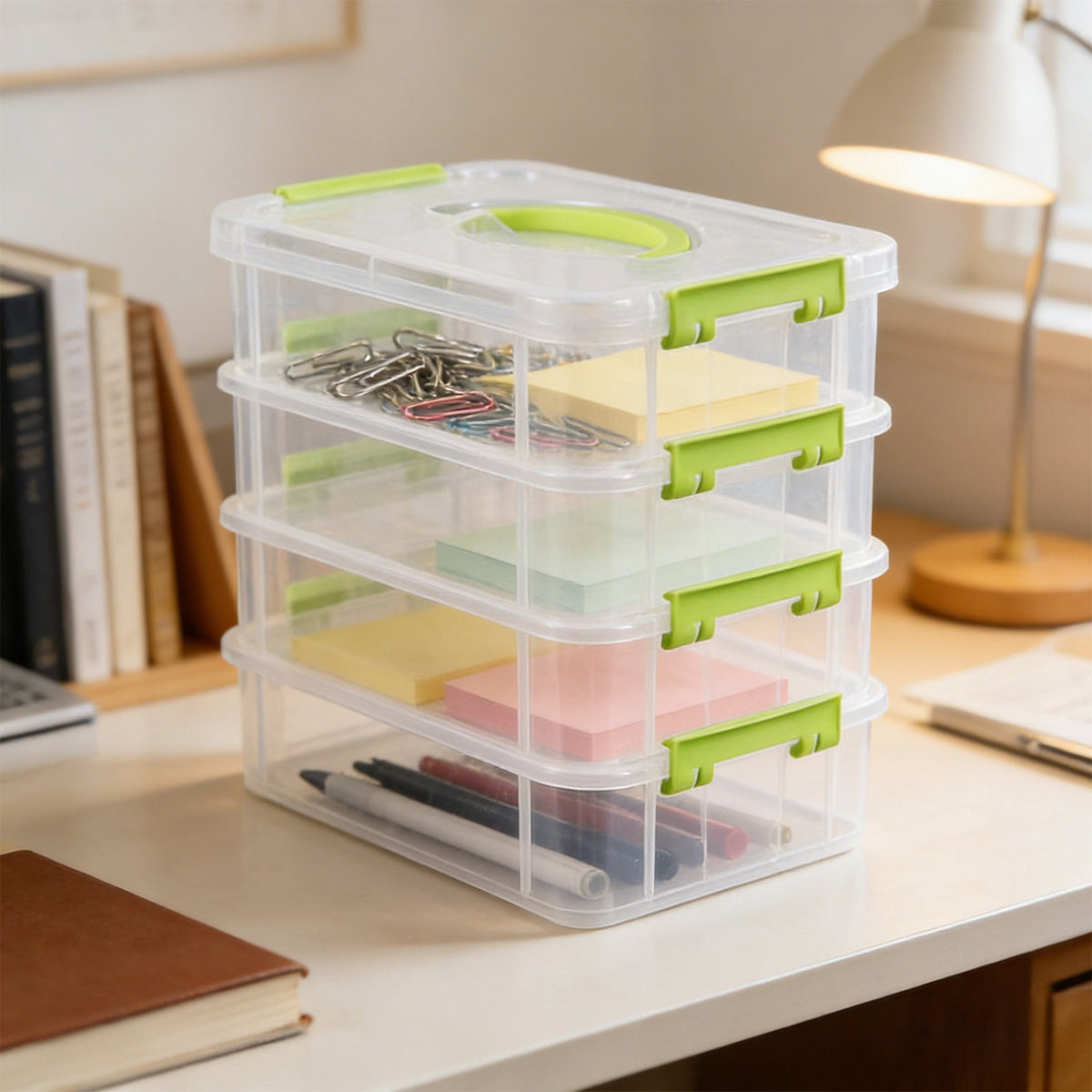 Four-Tier Stackable Carry Box with Handle, Green Plastic Organizer for Art, Sewing and Stationery - Image 2