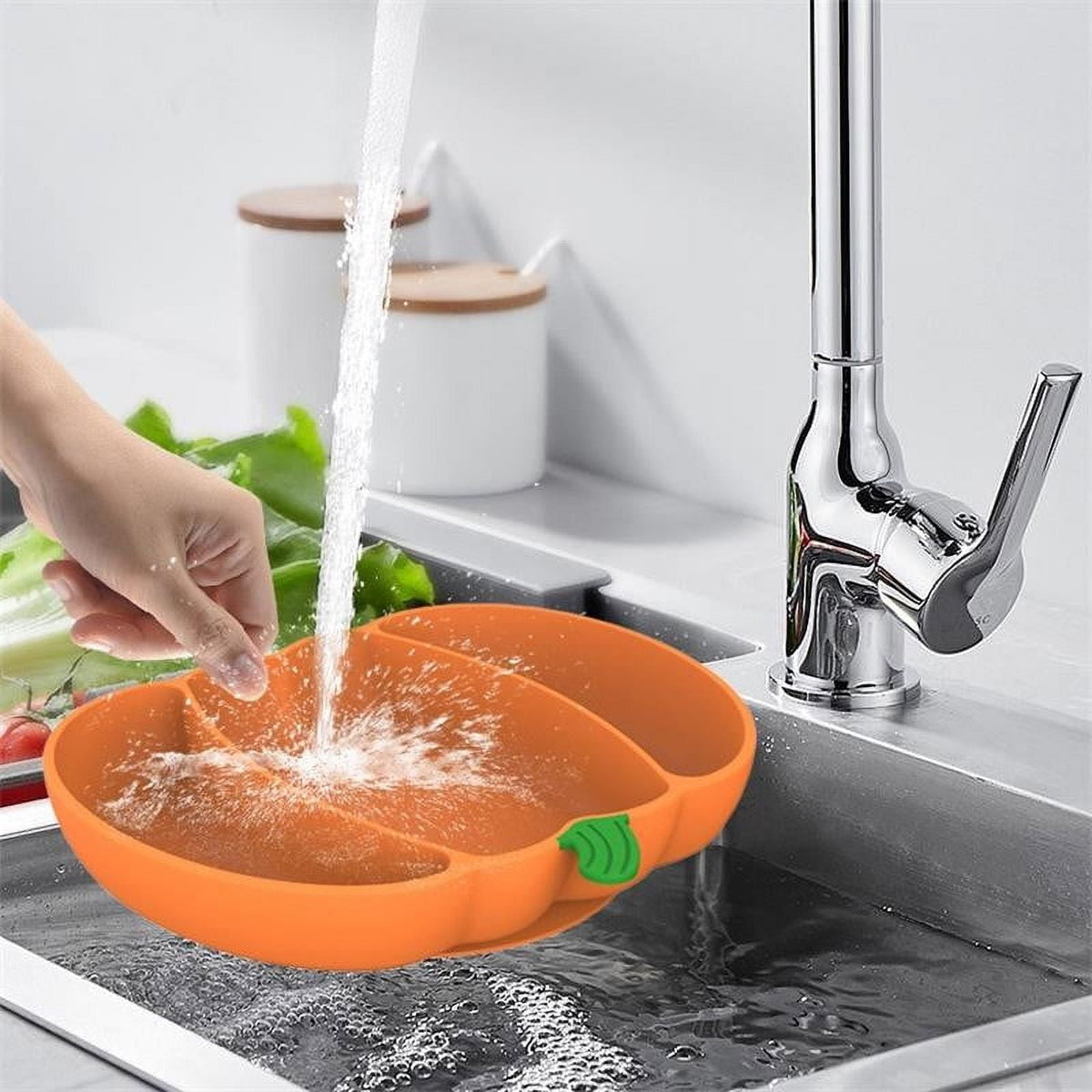 Pumpkin-Shaped Silicone Divided Plate with Suction Base for Toddlers and Kids, Orange - Image 4