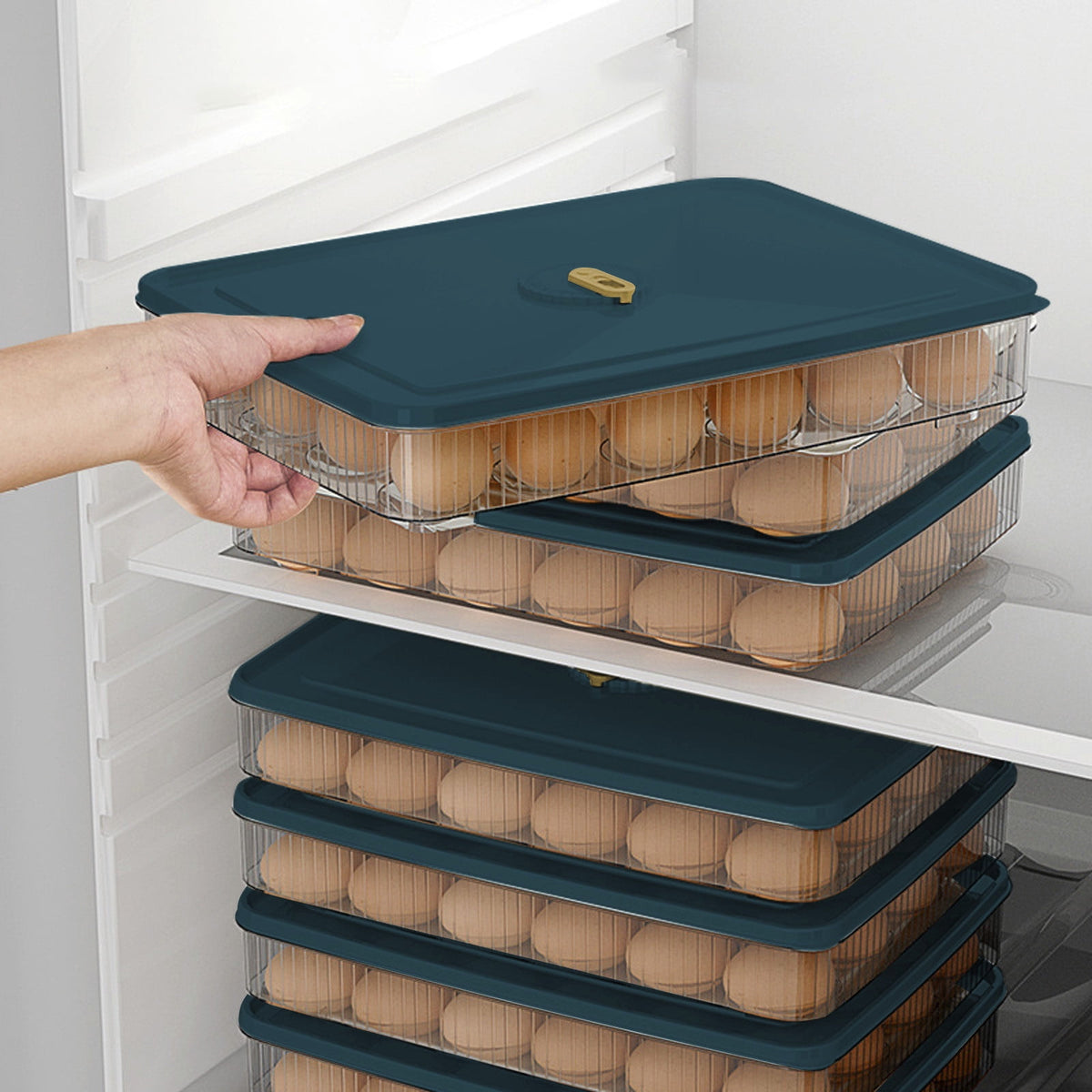 Egg Holder with Lid for 24 Eggs, Stackable Clear Refrigerator Egg Tray in Blue - Image 4
