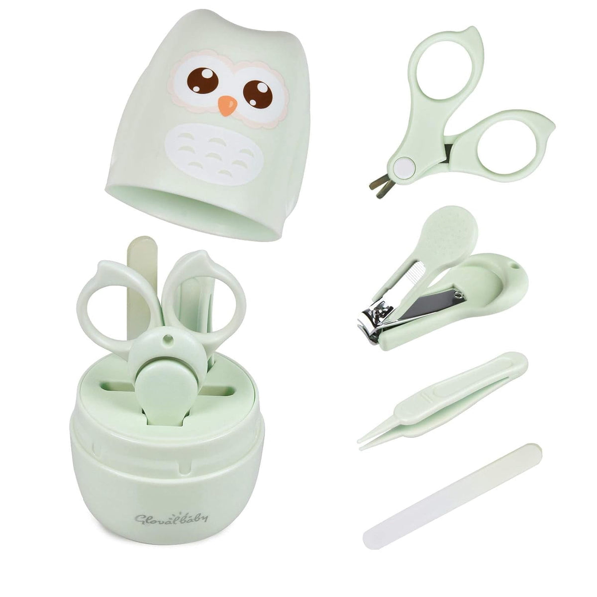 Baby Nail Care Kit, 4 Pieces with Clipper, Scissors, File and Round-Tip Tweezers in a Green Owl Case - Image 2