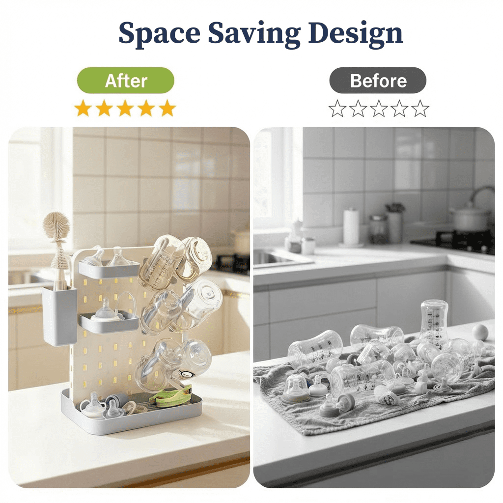 Vertical Baby Bottle Drying Rack with Removable Pegs and Bins, Space-Saving Countertop Organizer, Gray - Image 2