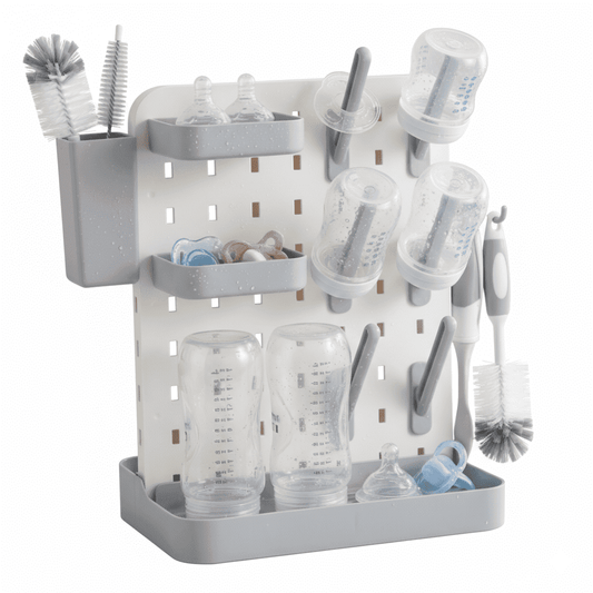 Vertical Baby Bottle Drying Rack with Removable Pegs and Bins, Space-Saving Countertop Organizer, Gray